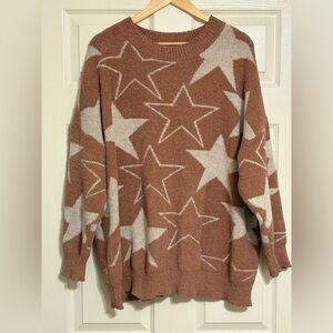 NET.153 Star Sweater M/L Brown Beige Cozy Teddy Big Star Statement Knit Sweater